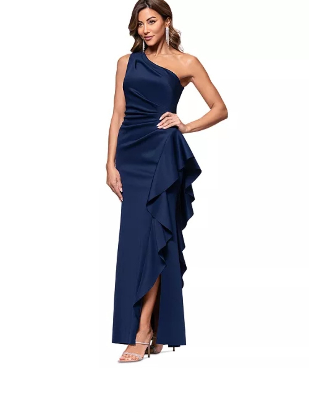 Xscape One-Shoulder Navy Evening Gown with Cascade Ruffle